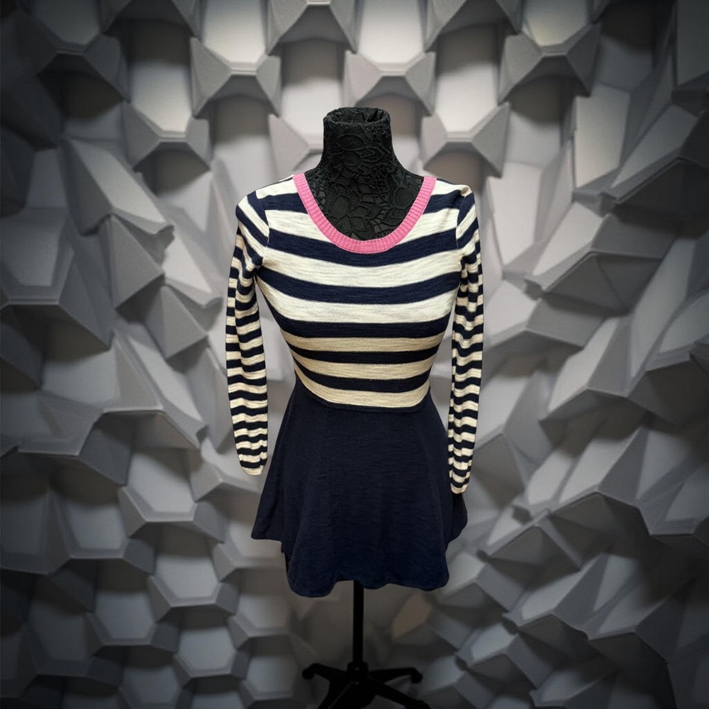 Express Blue and White Fitted Peplum Blouse‎